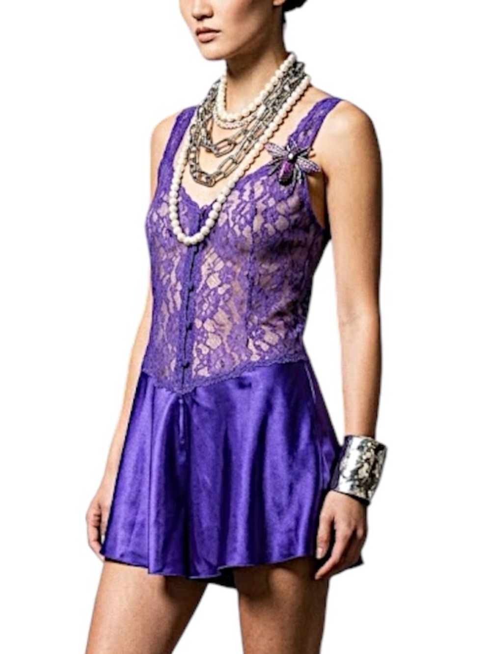 Vintage 80s 90s purple satin sheer lace bodice romper teddy negligee lingerie L